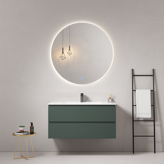 Mobile bagno sospeso 80 cm Verde Comodoro Lavabo in Ceramica Specchio Tondo Retroilluminato - Fiji Paint