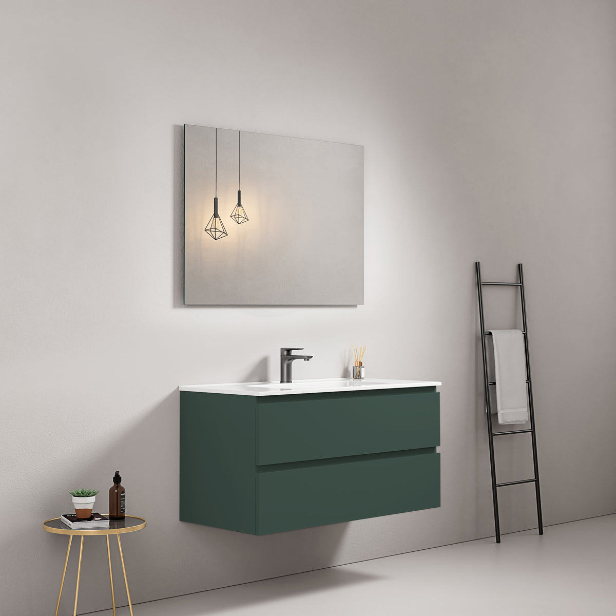 Mobile bagno sospeso 80 cm Verde Comodoro Lavabo in Ceramica Specchio Quadro - Fiji Paint
