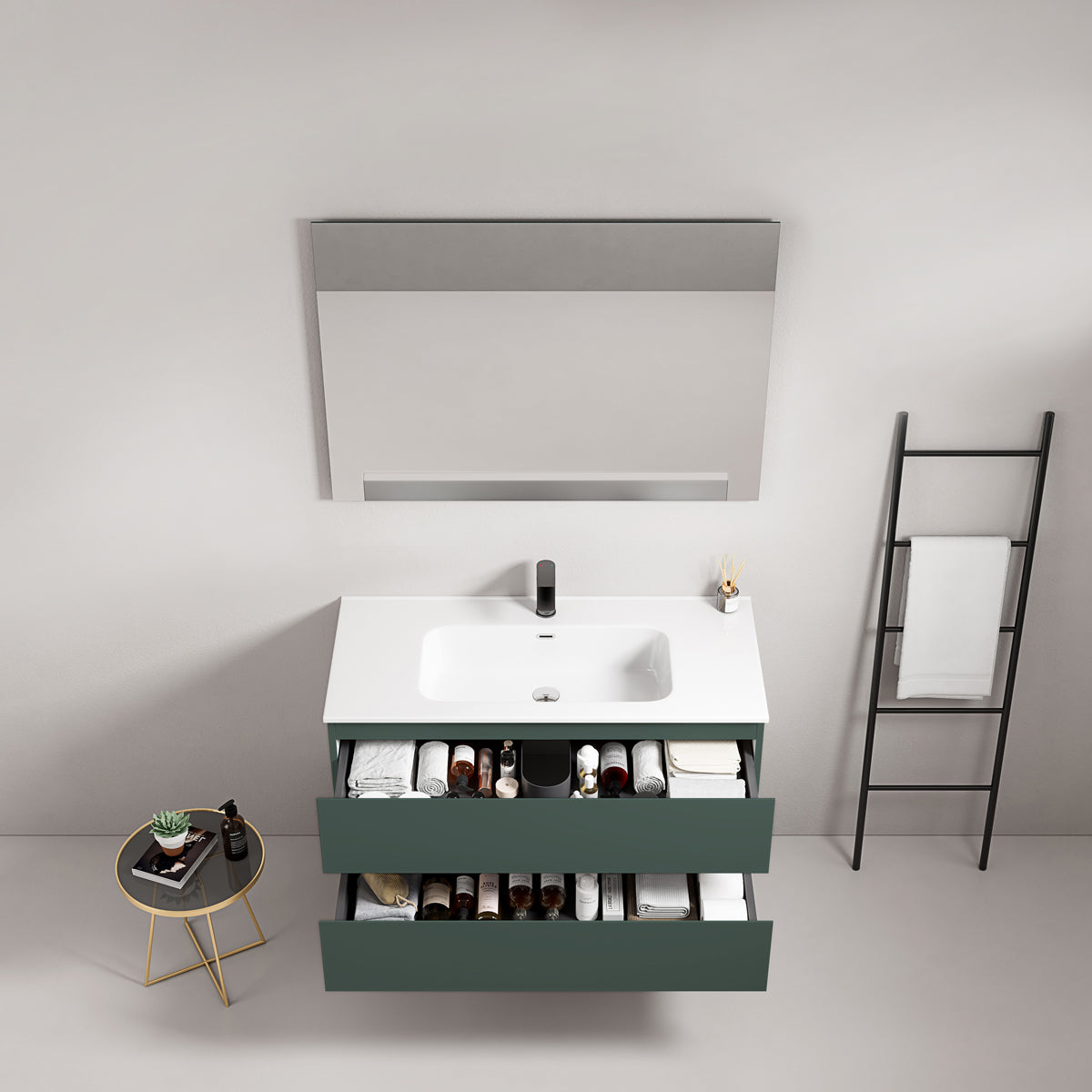 Mobile bagno sospeso 80 cm Verde Comodoro Lavabo in Ceramica Specchio Quadro - Fiji Paint