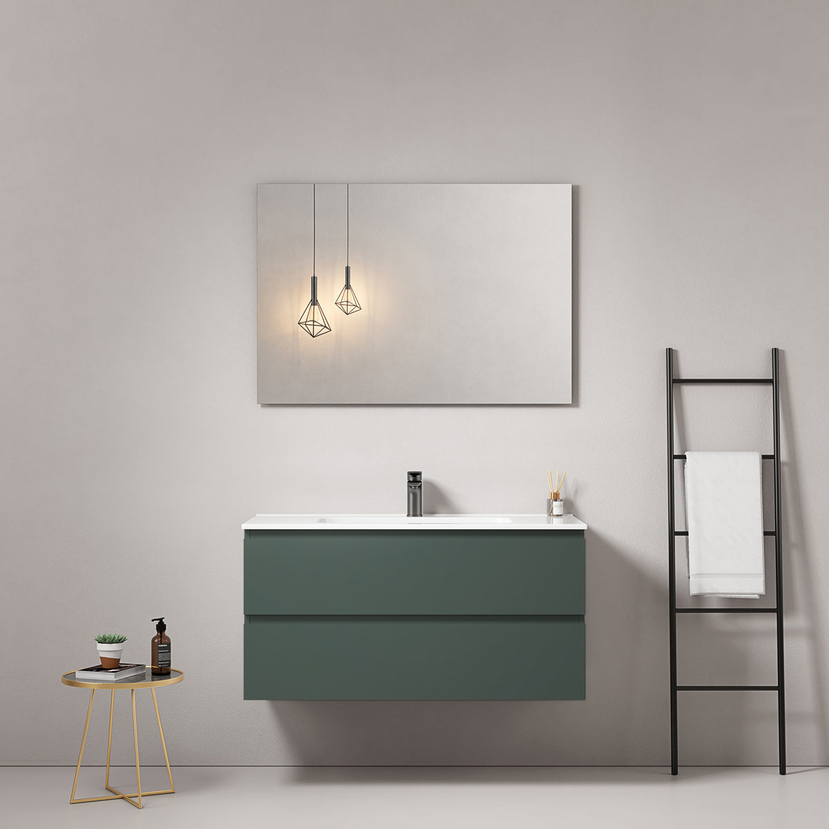 Mobile bagno sospeso 80 cm Verde Comodoro Lavabo in Ceramica Specchio Quadro - Fiji Paint