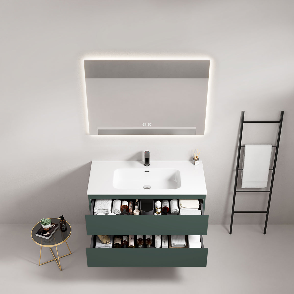 Mobile bagno sospeso 80 cm Verde Comodoro Lavabo in Ceramica Specchio Quadro Retroilluminato - Fiji Paint