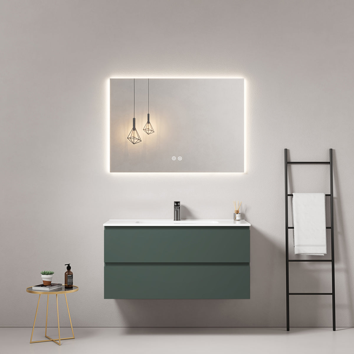 Mobile bagno sospeso 80 cm Verde Comodoro Lavabo in Ceramica Specchio Quadro Retroilluminato - Fiji Paint