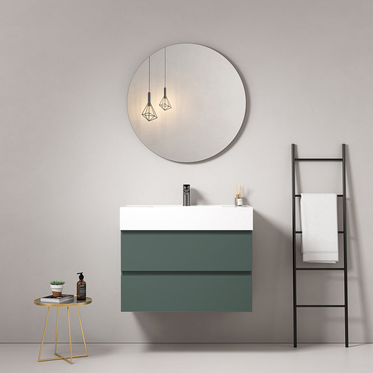 Mobile bagno sospeso 80 cm Verde Comodoro Lavabo in Resina Specchio Tondo - Fiji Paint