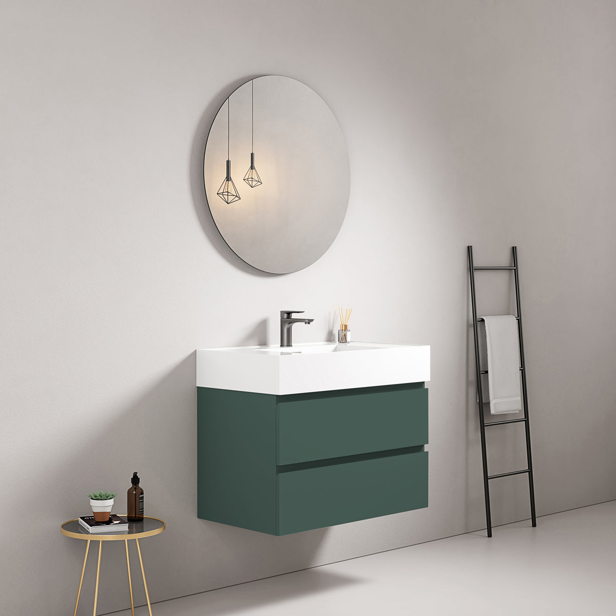 Mobile bagno sospeso 80 cm Verde Comodoro Lavabo in Resina Specchio Tondo - Fiji Paint