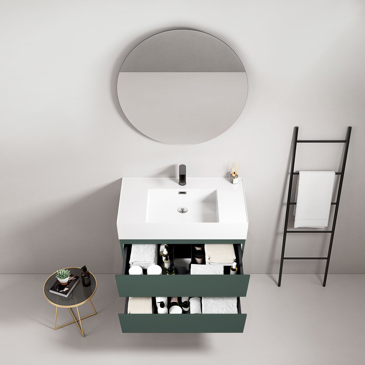 Mobile bagno sospeso 80 cm Verde Comodoro Lavabo in Resina Specchio Tondo - Fiji Paint