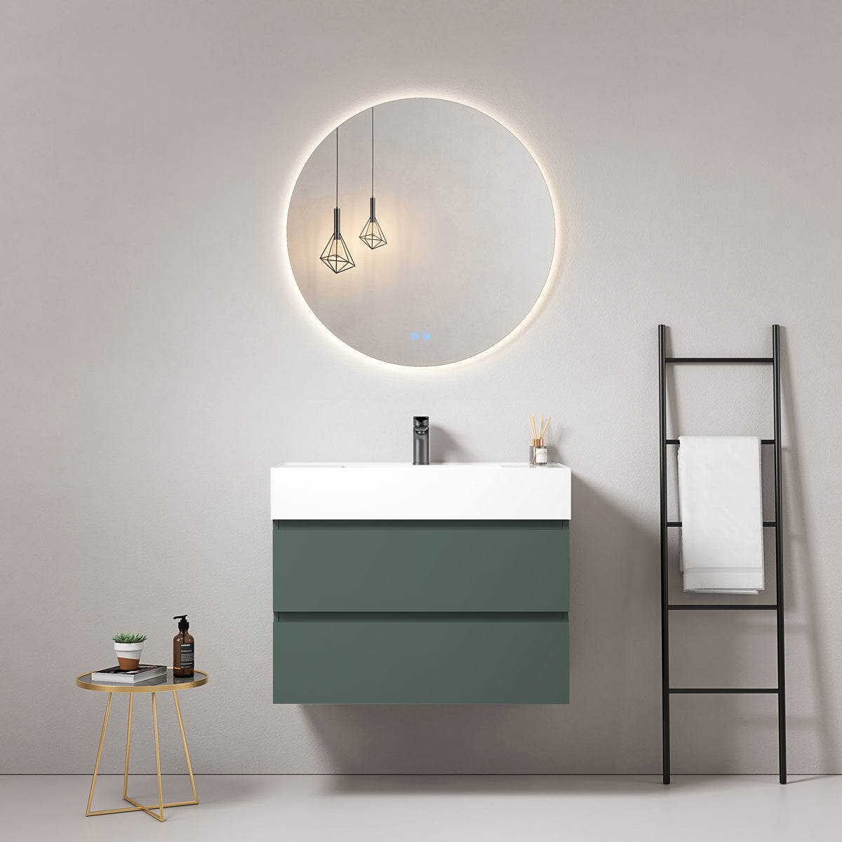 Mobile bagno sospeso 80 cm Verde Comodoro Lavabo in Resina Specchio Tondo Retroilluminato - Fiji Paint