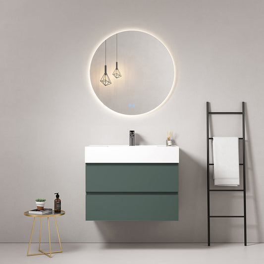 Mobile bagno sospeso 80 cm Verde Comodoro Lavabo in Resina Specchio Tondo Retroilluminato - Fiji Paint