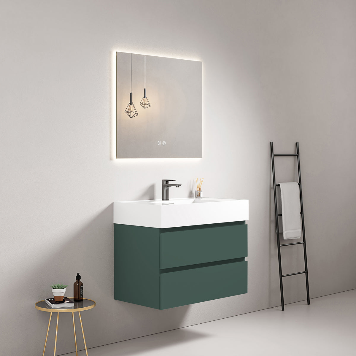 Mobile bagno sospeso 80 cm Verde Comodoro Lavabo in Resina Specchio Quadro Retroilluminato - Fiji Paint