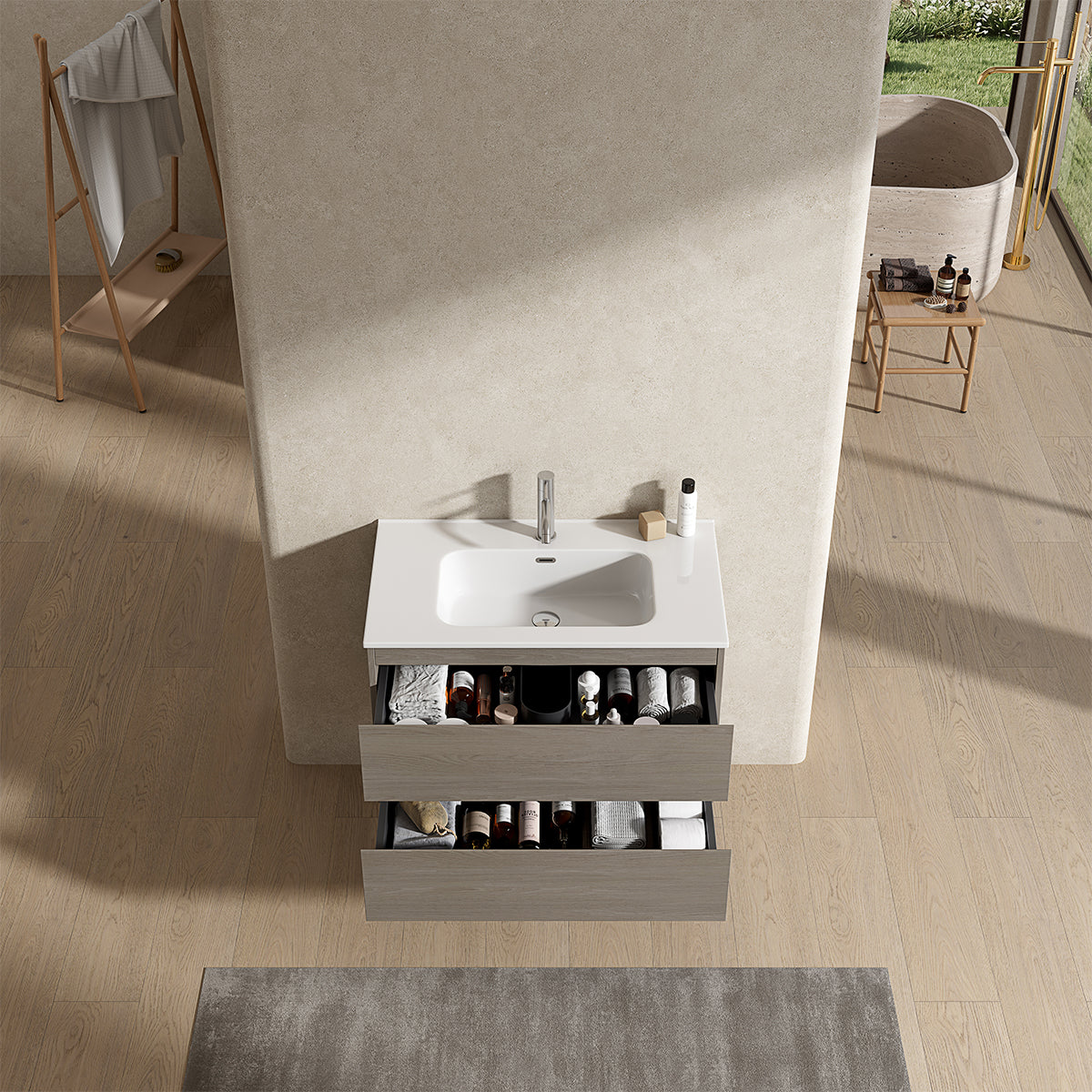 Mobile bagno sospeso 100 cm Beige Lavabo in Ceramica Senza Specchio - Fiji Wood