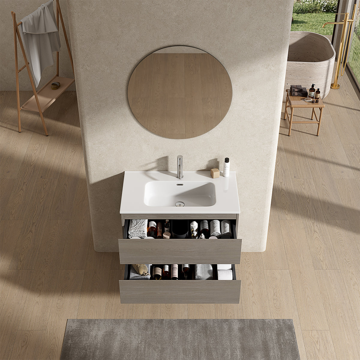 Mobile bagno sospeso 100 cm Beige Lavabo in Ceramica Specchio Tondo - Fiji Wood