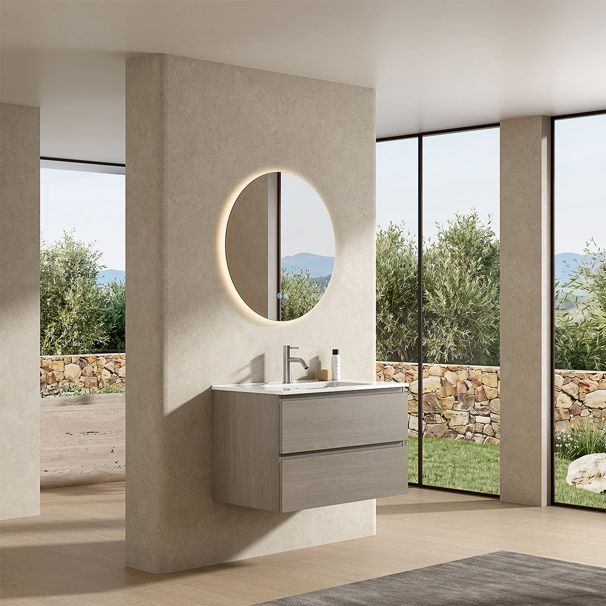 Mobile bagno sospeso 100 cm Beige Lavabo in Ceramica Specchio Tondo Retroilluminato - Fiji Wood