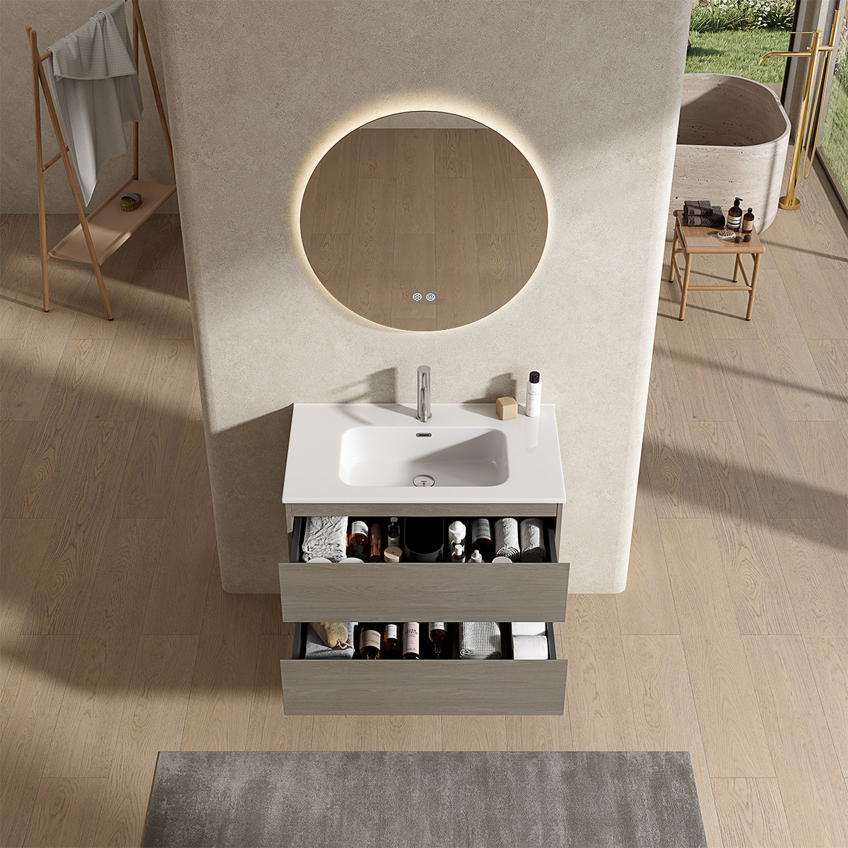 Mobile bagno sospeso 100 cm Beige Lavabo in Ceramica Specchio Tondo Retroilluminato - Fiji Wood
