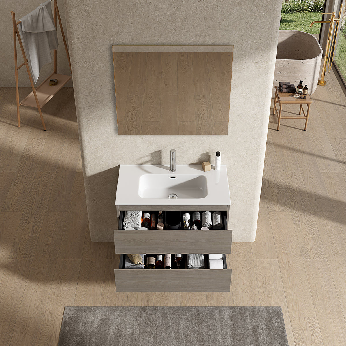 Mobile bagno sospeso 100 cm Beige Lavabo in Ceramica Specchio Quadro - Fiji Wood