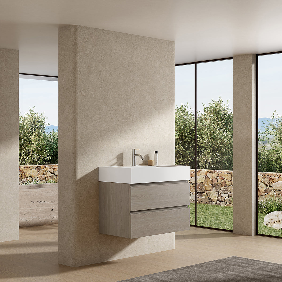 Mobile bagno sospeso 100 cm Beige Lavabo in Resina Senza Specchio - Fiji Wood