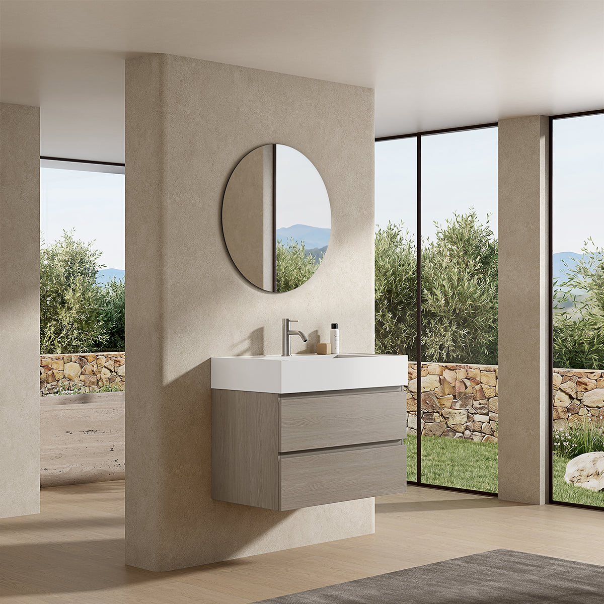 Mobile bagno sospeso 100 cm Beige Lavabo in Resina Specchio Tondo - Fiji Wood