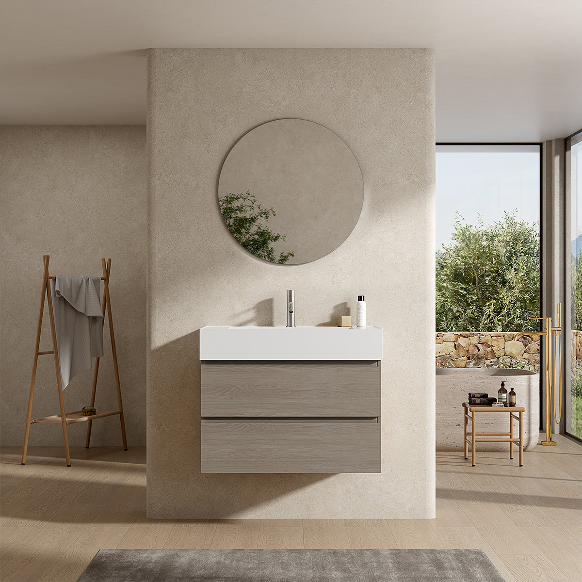 Mobile bagno sospeso 100 cm Beige Lavabo in Resina Specchio Tondo - Fiji Wood
