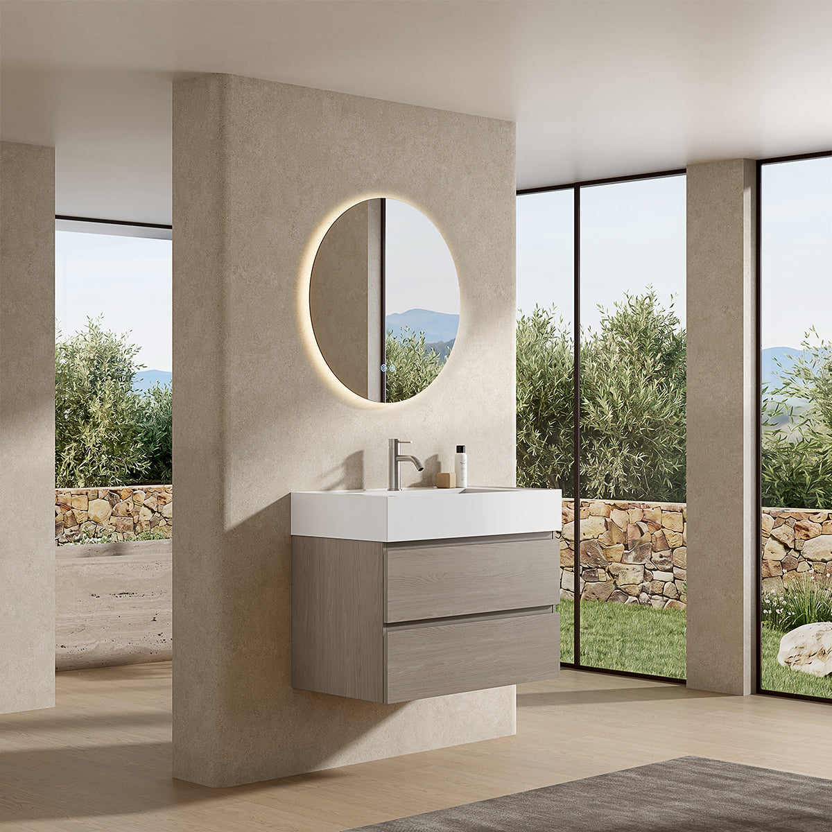 Mobile bagno sospeso 100 cm Beige Lavabo in Resina Specchio Tondo Retroilluminato - Fiji Wood
