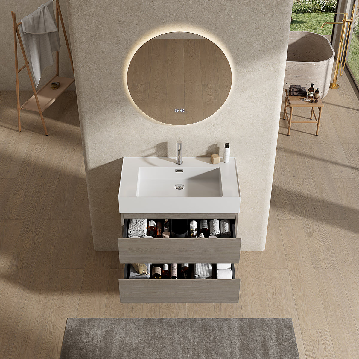 Mobile bagno sospeso 100 cm Beige Lavabo in Resina Specchio Tondo Retroilluminato - Fiji Wood