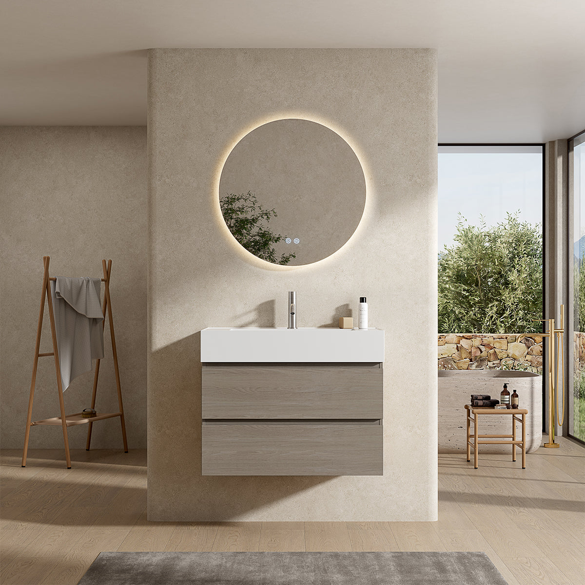 Mobile bagno sospeso 100 cm Beige Lavabo in Resina Specchio Tondo Retroilluminato - Fiji Wood