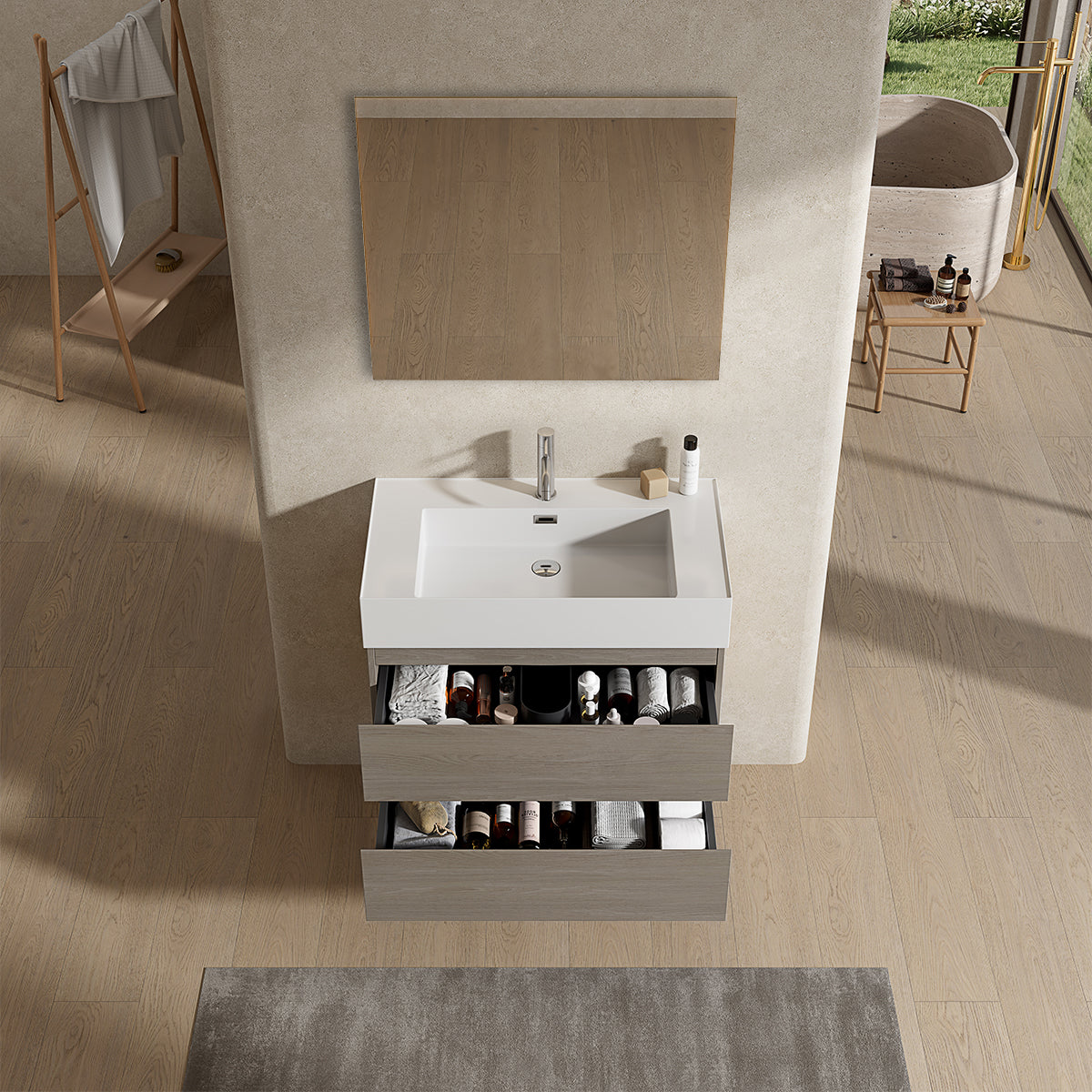 Mobile bagno sospeso 100 cm Beige Lavabo in Resina Specchio Quadro - Fiji Wood