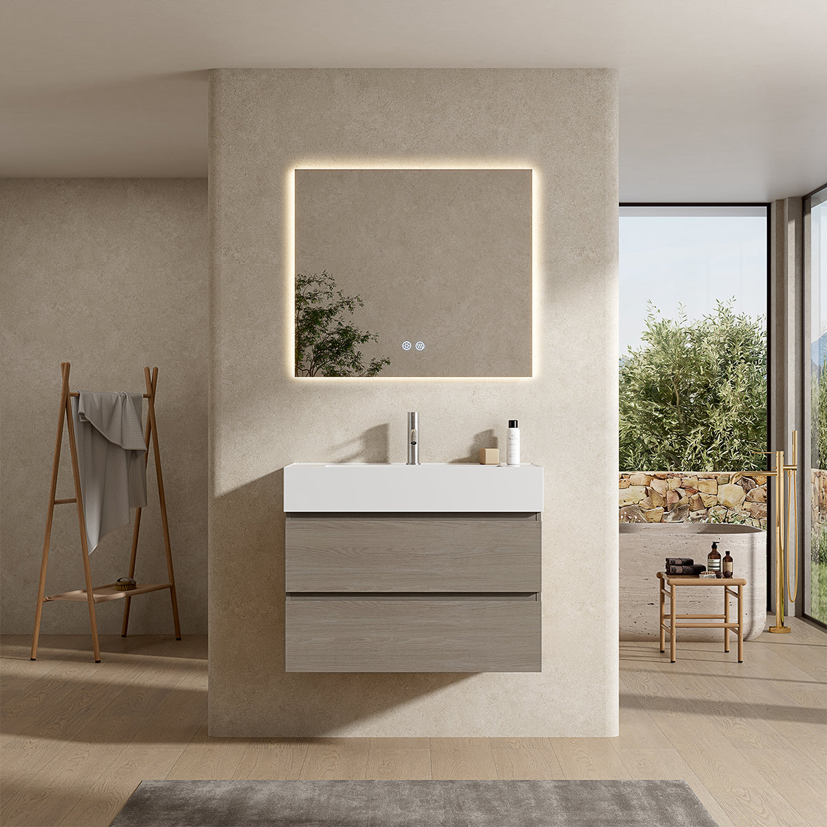 Mobile bagno sospeso 100 cm Beige Lavabo in Resina Specchio Quadro Retroilluminato - Fiji Wood
