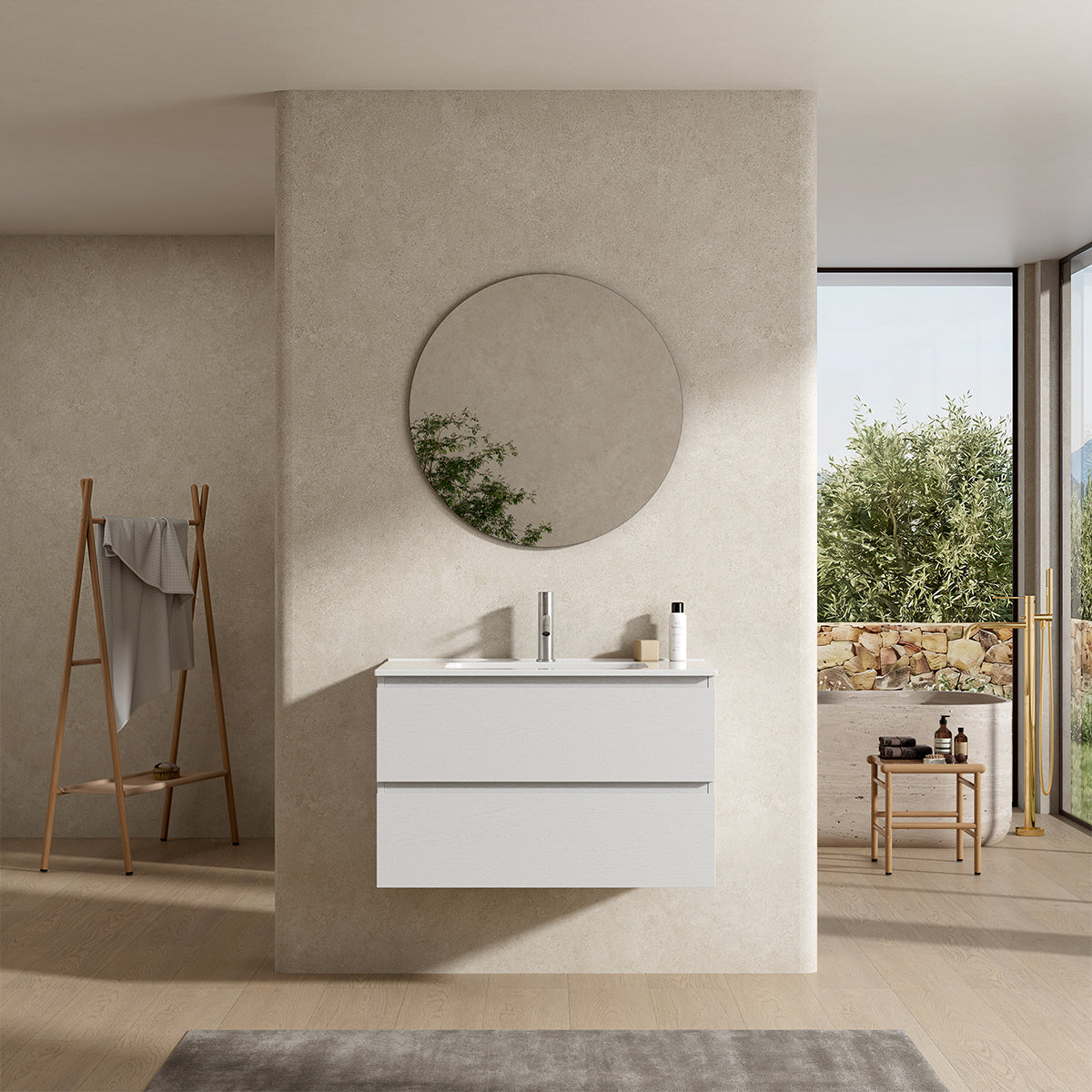 Mobile bagno sospeso 100 cm Bianco Lavabo in Ceramica Specchio Tondo - Fiji Wood