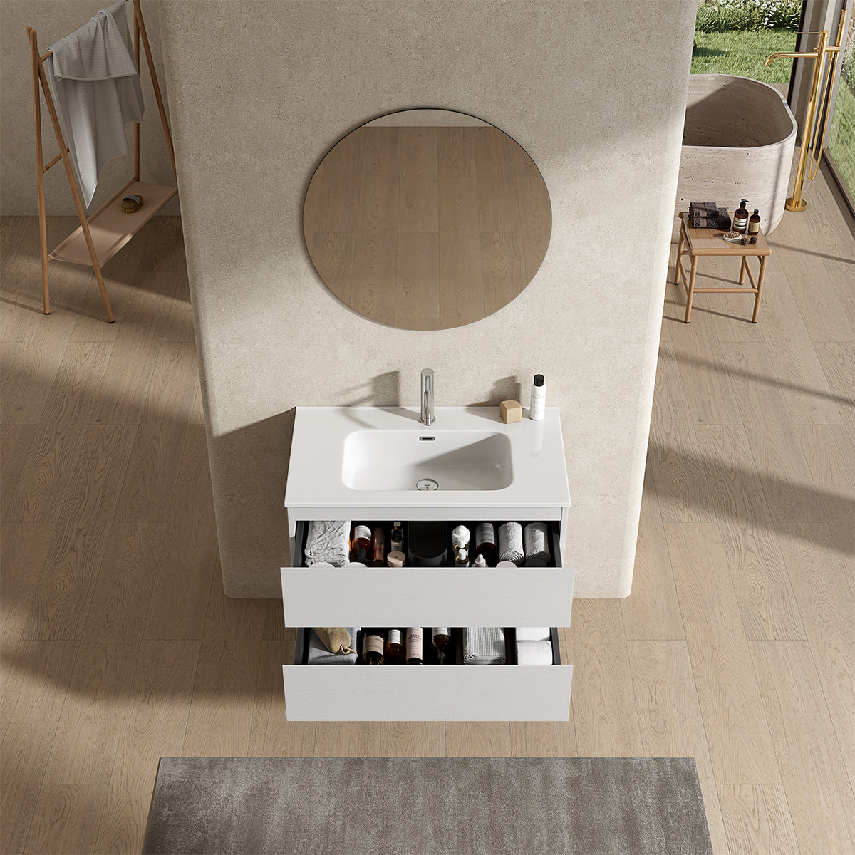 Mobile bagno sospeso 100 cm Bianco Lavabo in Ceramica Specchio Tondo - Fiji Wood