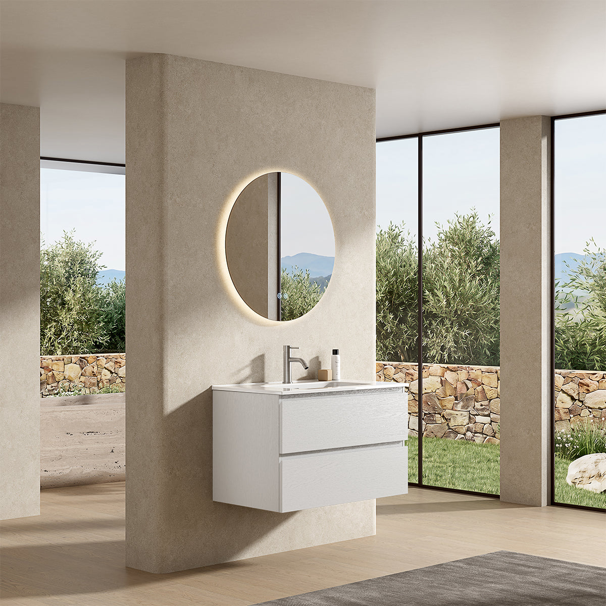 Mobile bagno sospeso 100 cm Bianco Lavabo in Ceramica Specchio Tondo Retroilluminato - Fiji Wood