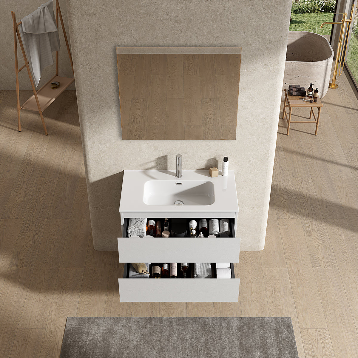 Mobile bagno sospeso 100 cm Bianco Lavabo in Ceramica Specchio Quadro - Fiji Wood