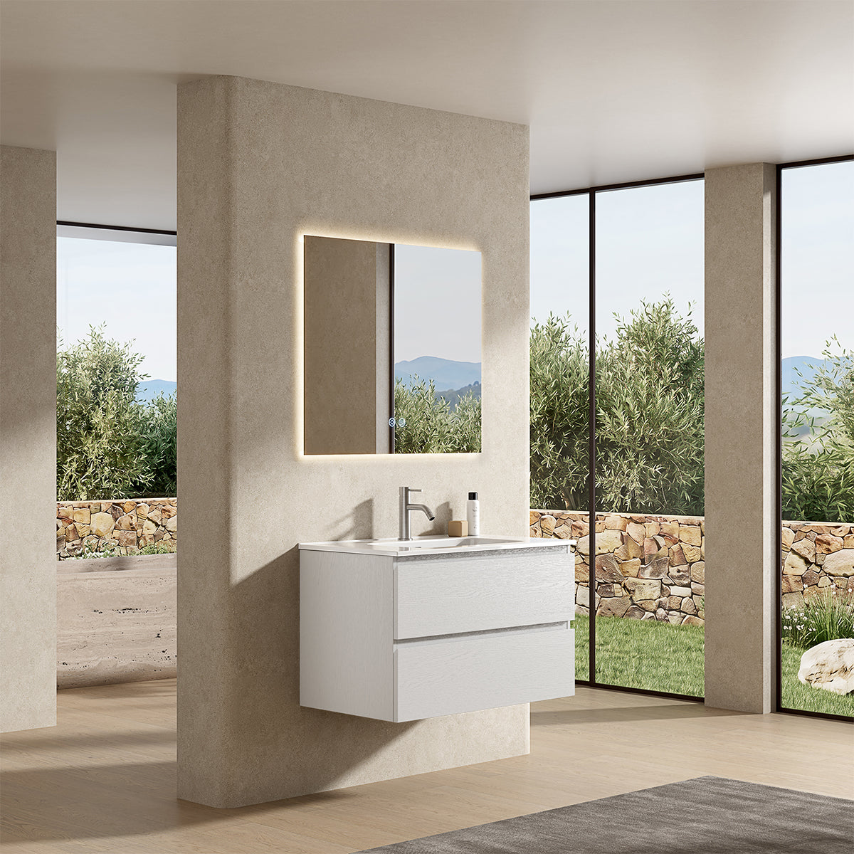 Mobile bagno sospeso 100 cm Bianco Lavabo in Ceramica Specchio Quadro Retroilluminato - Fiji Wood