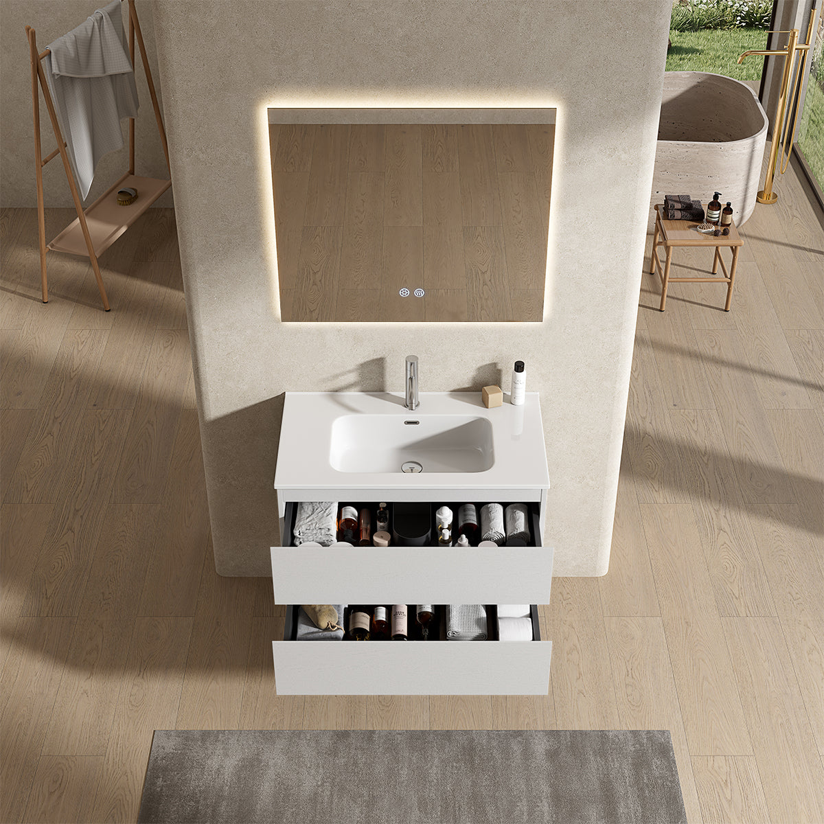 Mobile bagno sospeso 100 cm Bianco Lavabo in Ceramica Specchio Quadro Retroilluminato - Fiji Wood