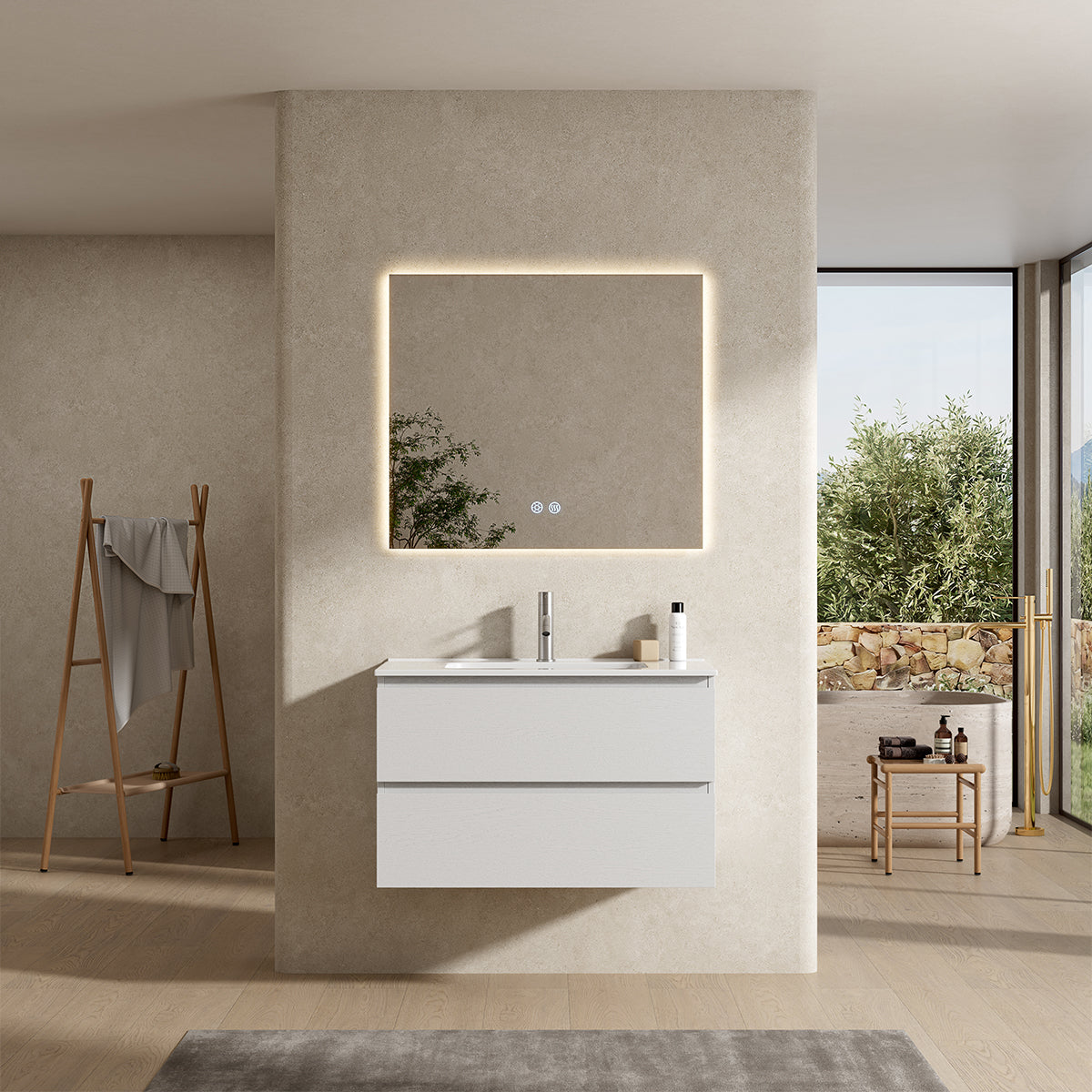 Mobile bagno sospeso 100 cm Bianco Lavabo in Ceramica Specchio Quadro Retroilluminato - Fiji Wood