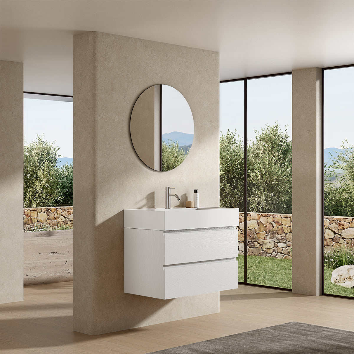 Mobile bagno sospeso 100 cm Bianco Lavabo in Resina Specchio Tondo - Fiji Wood