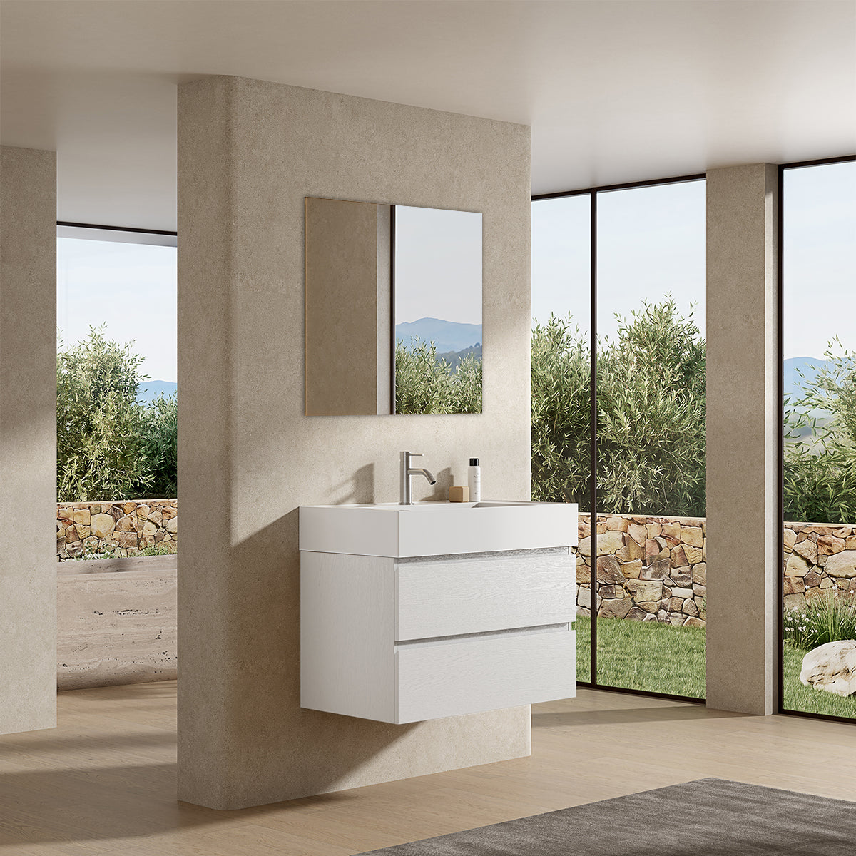 Mobile bagno sospeso 100 cm Bianco Lavabo in Resina Specchio Quadro - Fiji Wood