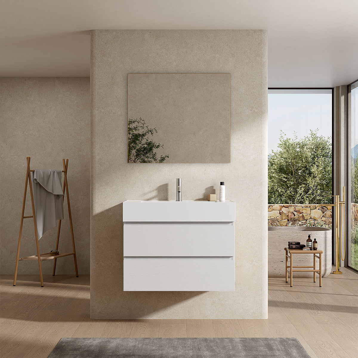 Mobile bagno sospeso 100 cm Bianco Lavabo in Resina Specchio Quadro - Fiji Wood