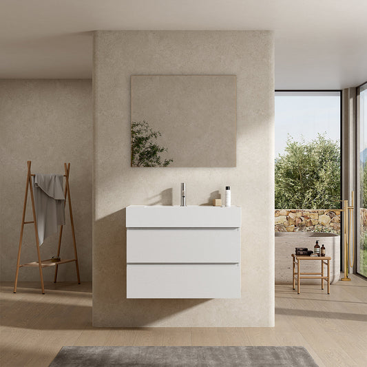 Mobile bagno sospeso 100 cm Bianco Lavabo in Resina Specchio Quadro - Fiji Wood