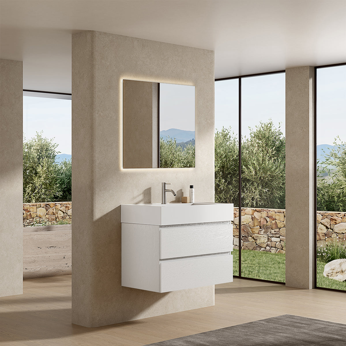 Mobile bagno sospeso 100 cm Bianco Lavabo in Resina Specchio Quadro Retroilluminato - Fiji Wood