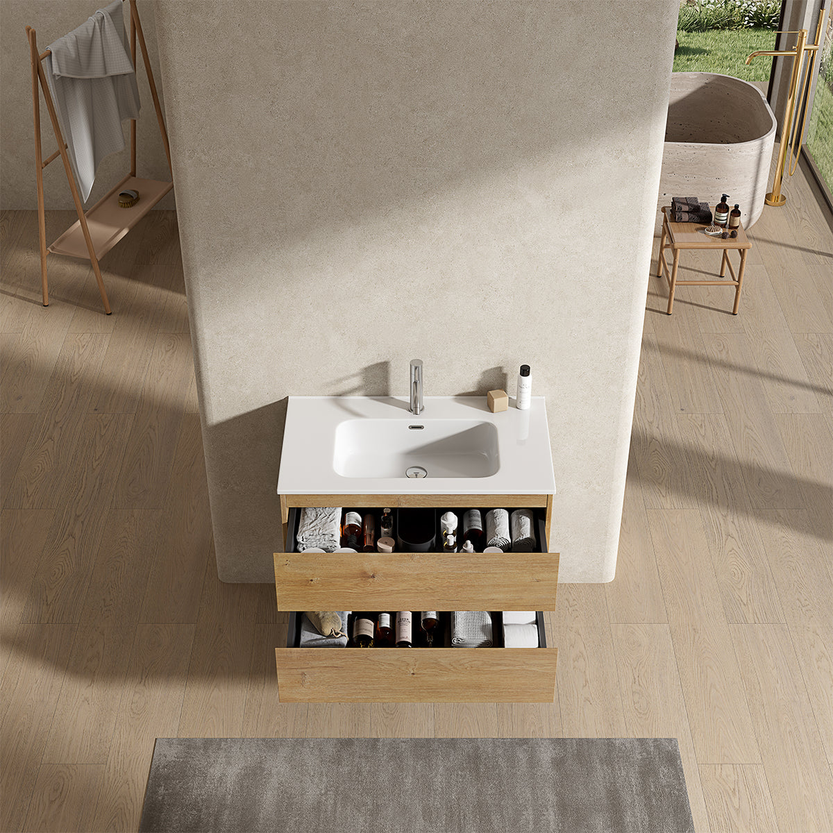 Mobile bagno sospeso 100 cm Bruno Medio Lavabo in Ceramica Senza Specchio - Fiji Wood