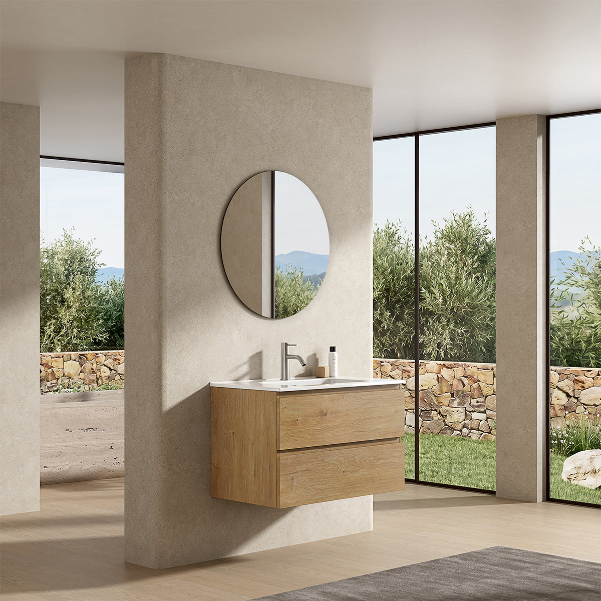 Mobile bagno sospeso 100 cm Bruno Medio Lavabo in Ceramica Specchio Tondo - Fiji Wood