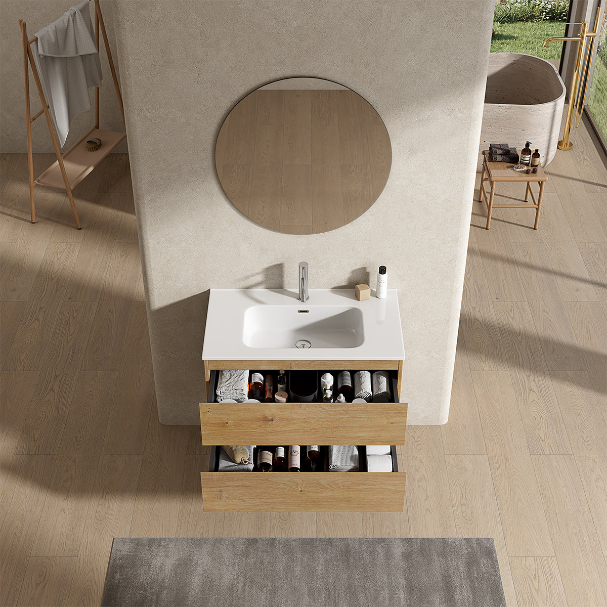 Mobile bagno sospeso 100 cm Bruno Medio Lavabo in Ceramica Specchio Tondo - Fiji Wood