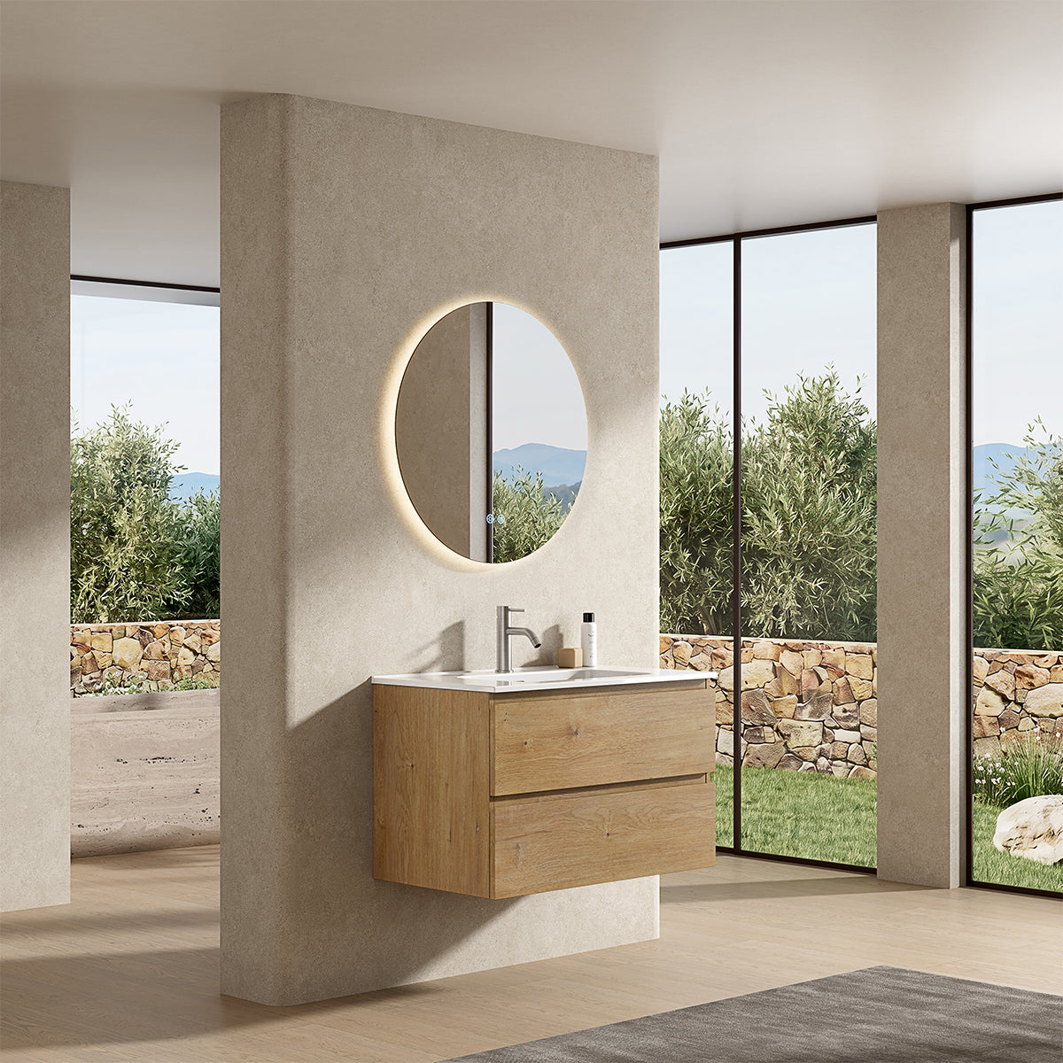 Mobile bagno sospeso 100 cm Bruno Medio Lavabo in Ceramica Specchio Tondo Retroilluminato - Fiji Wood