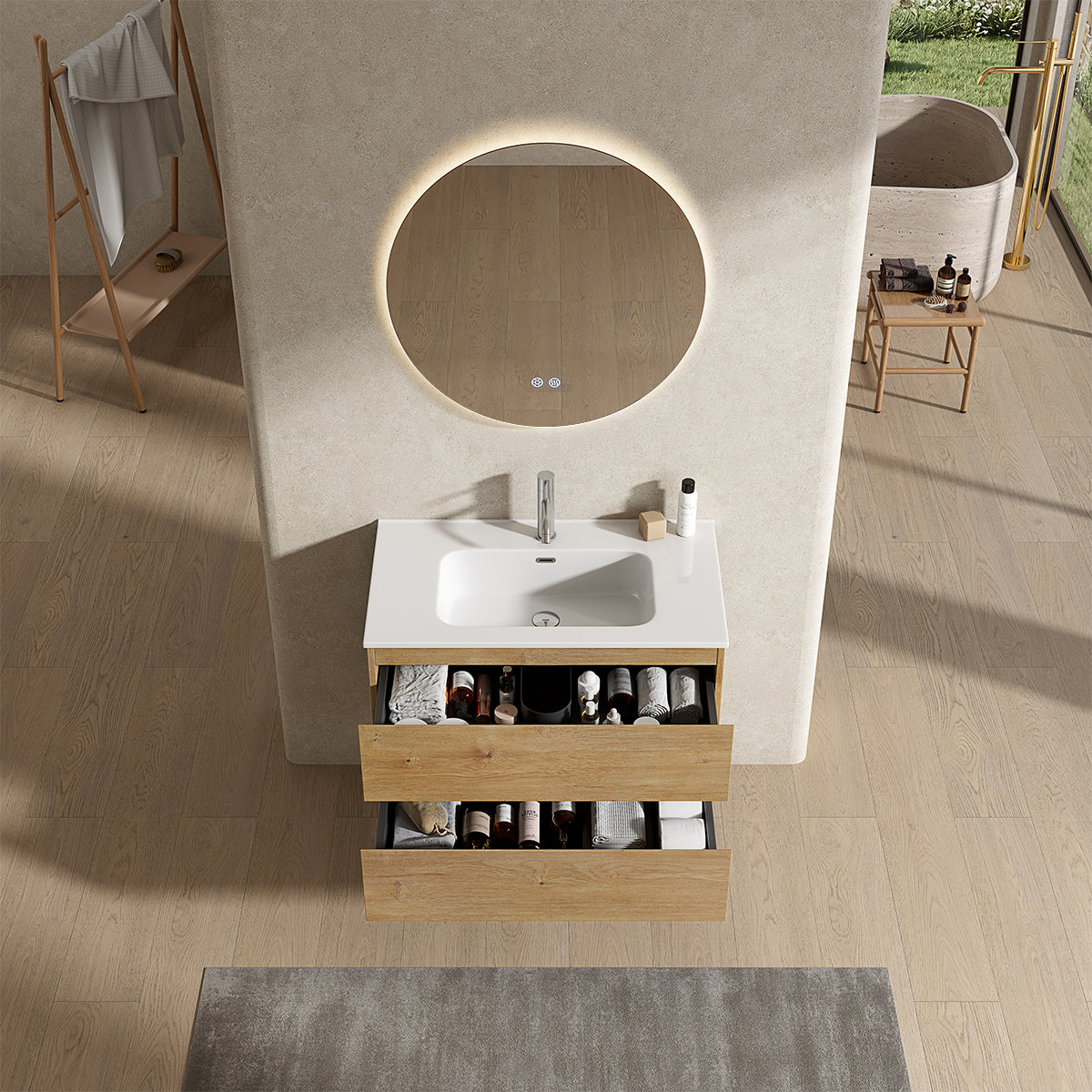 Mobile bagno sospeso 100 cm Bruno Medio Lavabo in Ceramica Specchio Tondo Retroilluminato - Fiji Wood