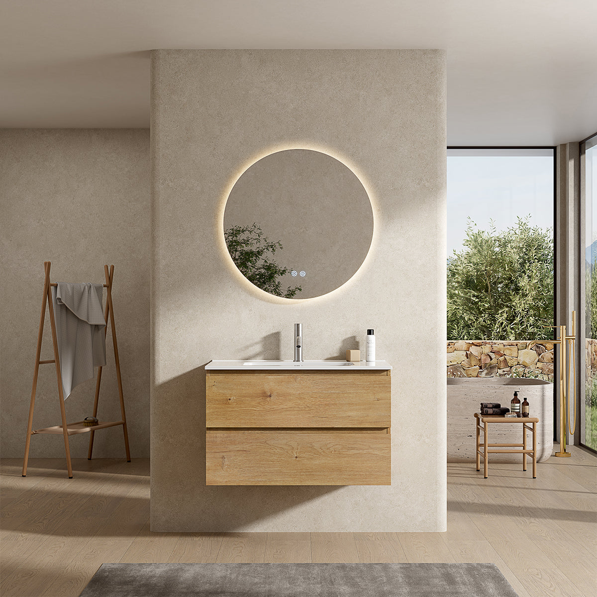 Mobile bagno sospeso 100 cm Bruno Medio Lavabo in Ceramica Specchio Tondo Retroilluminato - Fiji Wood