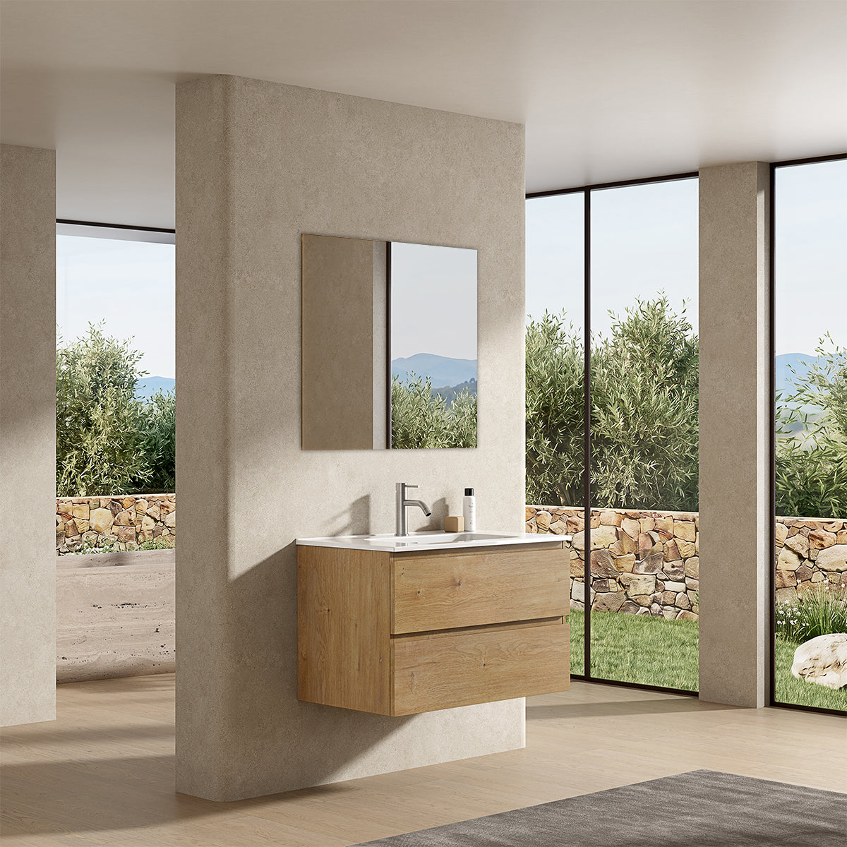 Mobile bagno sospeso 100 cm Bruno Medio Lavabo in Ceramica Specchio Quadro - Fiji Wood