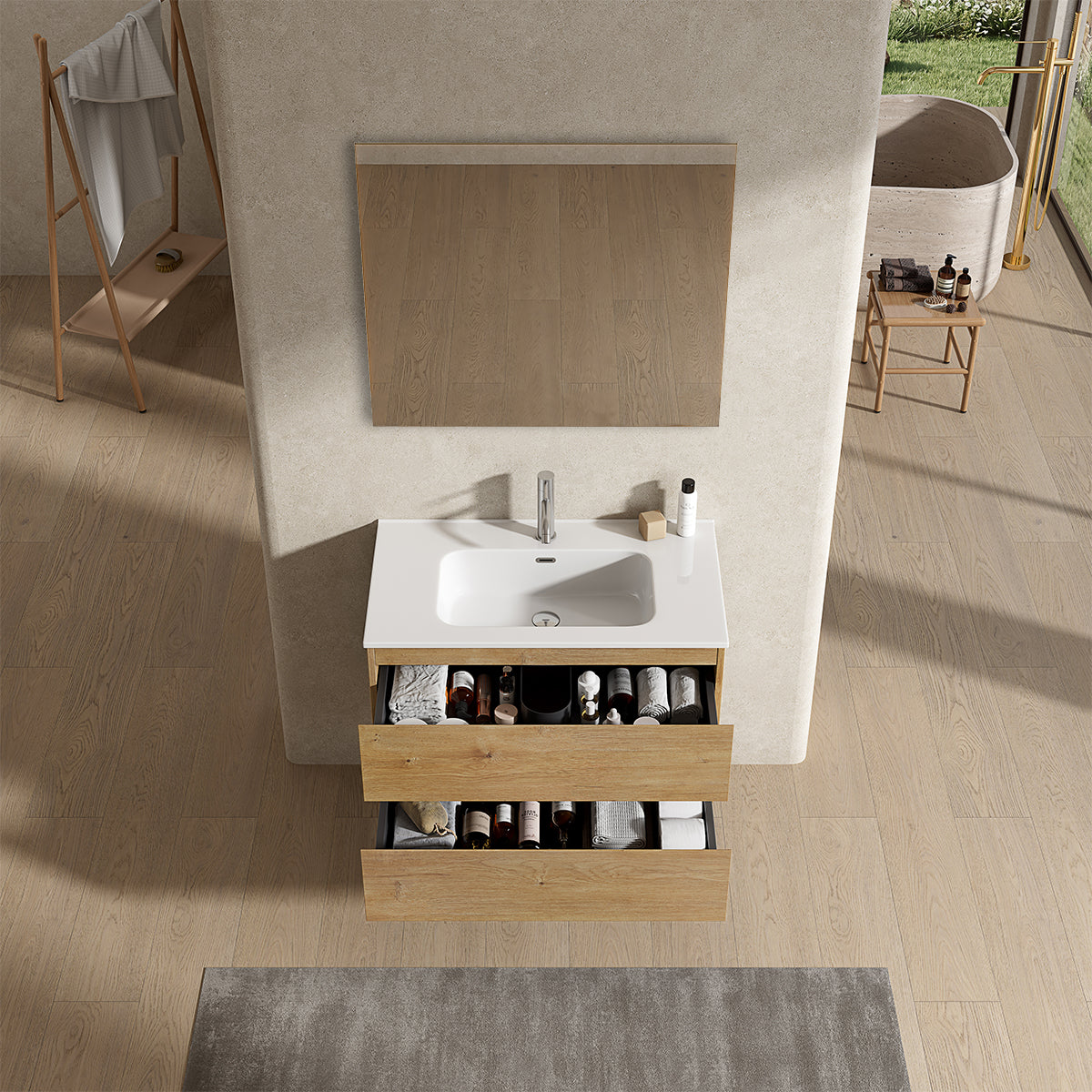 Mobile bagno sospeso 100 cm Bruno Medio Lavabo in Ceramica Specchio Quadro - Fiji Wood