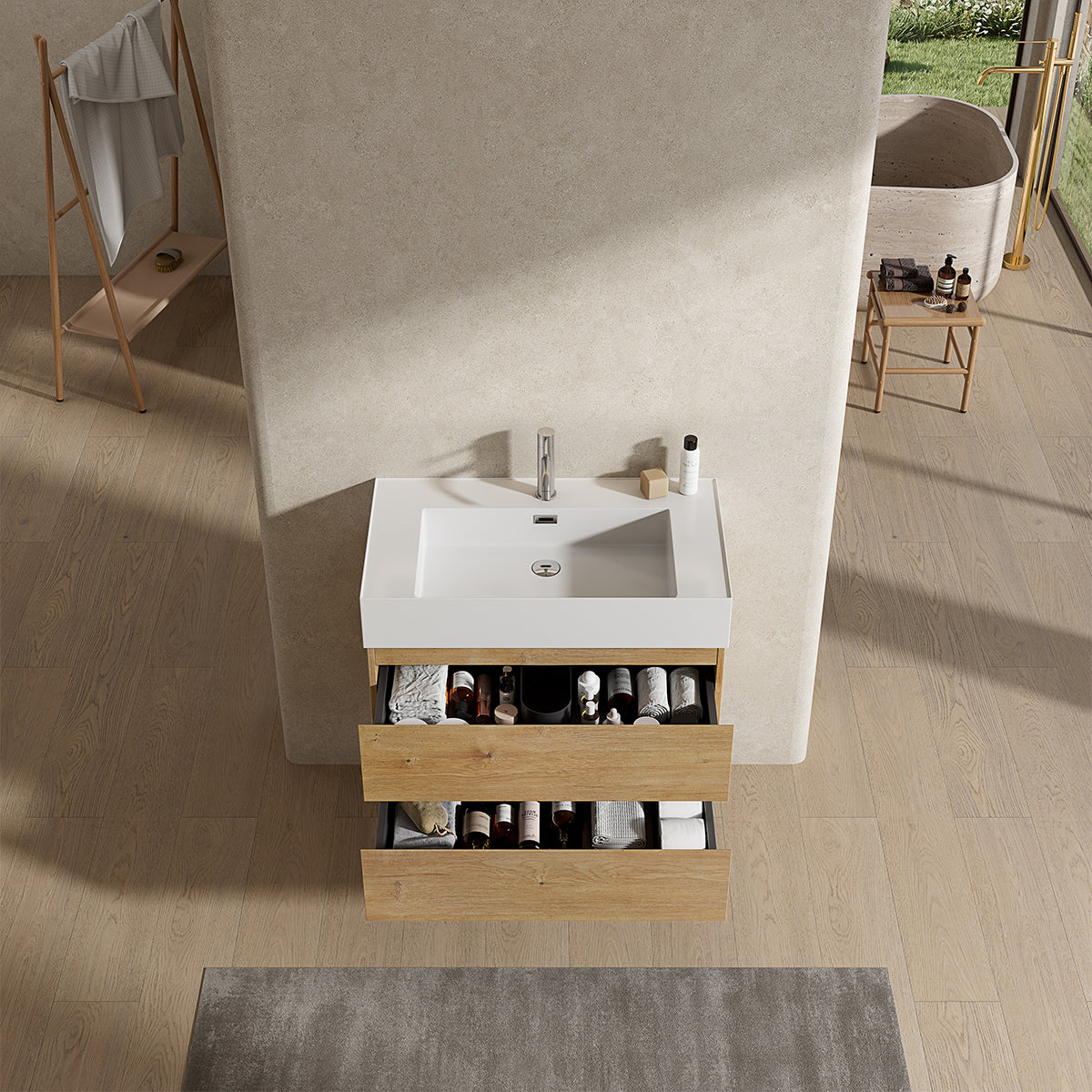Mobile bagno sospeso 100 cm Bruno Medio Lavabo in Resina Senza Specchio - Fiji Wood