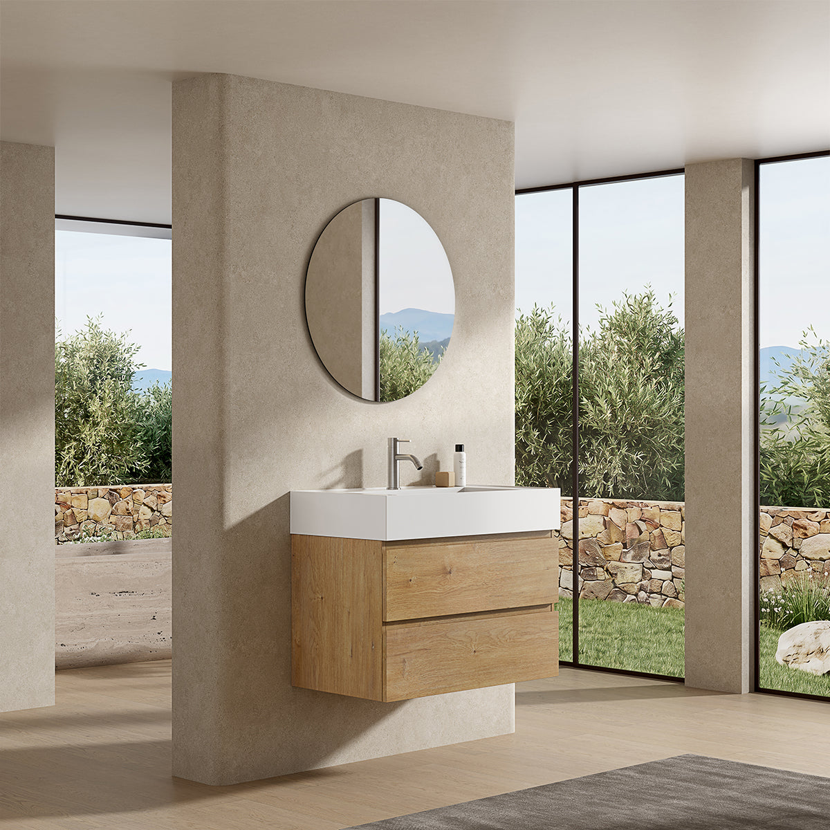 Mobile bagno sospeso 100 cm Bruno Medio Lavabo in Resina Specchio Tondo - Fiji Wood