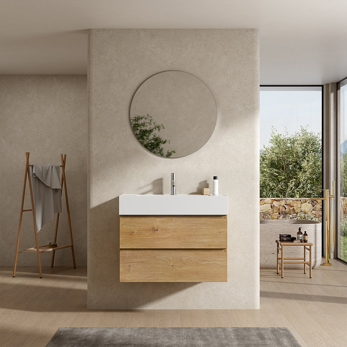 Mobile bagno sospeso 100 cm Bruno Medio Lavabo in Resina Specchio Tondo - Fiji Wood