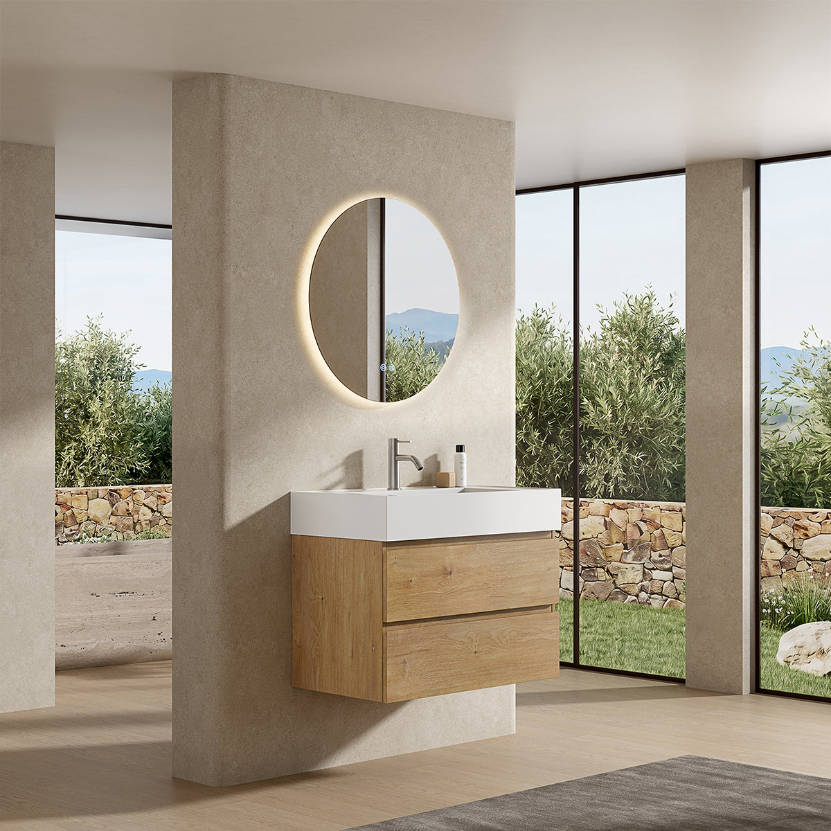 Mobile bagno sospeso 100 cm Bruno Medio Lavabo in Resina Specchio Tondo Retroilluminato - Fiji Wood