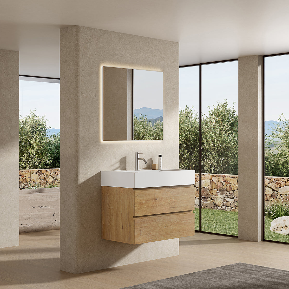 Mobile bagno sospeso 100 cm Bruno Medio Lavabo in Resina Specchio Quadro Retroilluminato - Fiji Wood